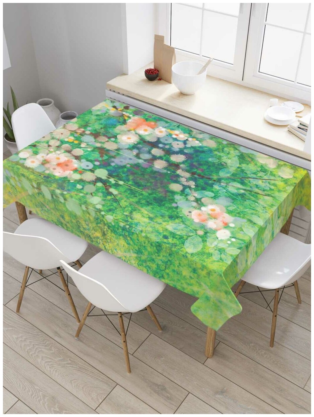 Скатерть прямоугольная JoyArty на кухонный стол "Мираж с цветами" из оксфорда, 120x145 см