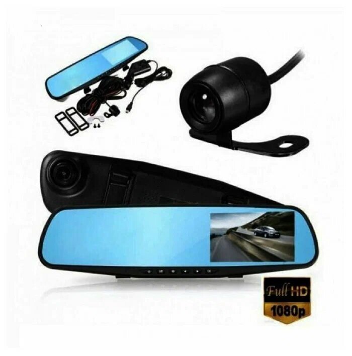 Видеорегистратор для автомобиля Vehicle Blackbox DVR Full HD зеркало заднего вида 2 камеры черный