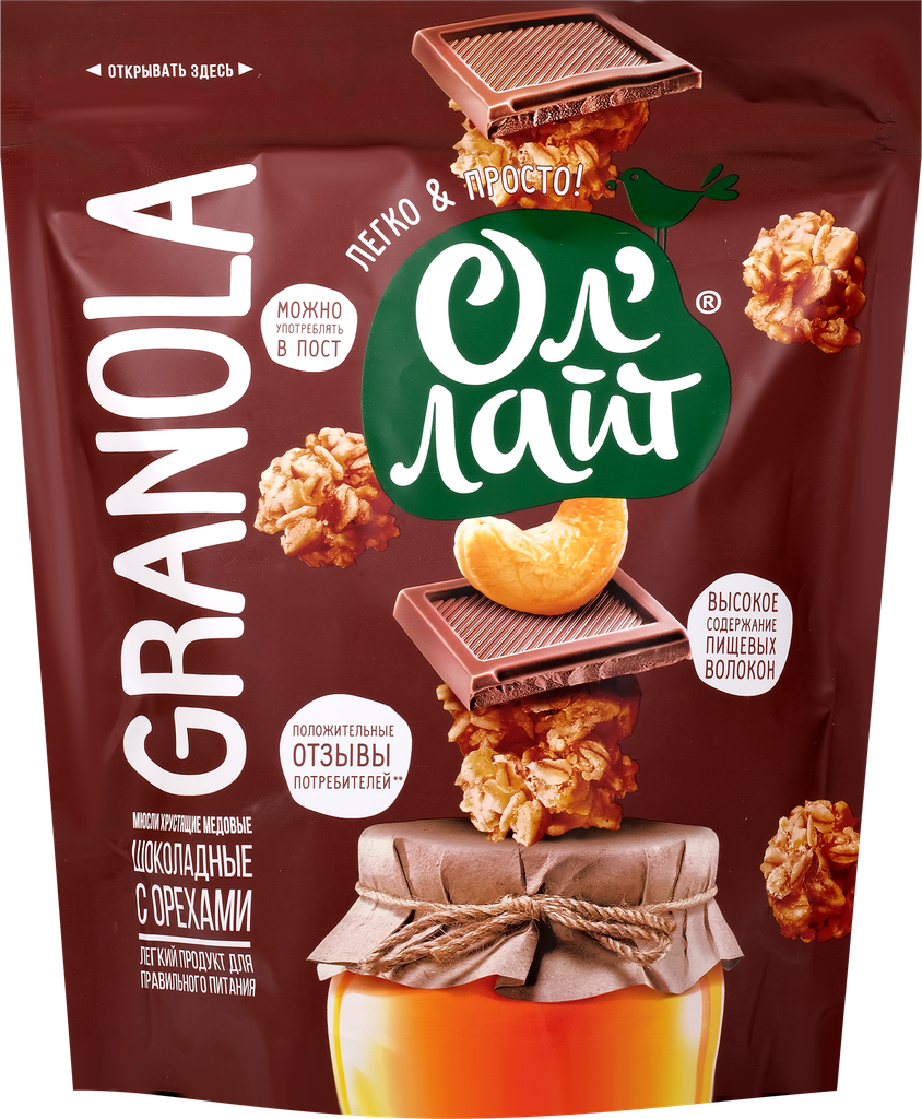 Мюсли медовые ОЛ'ЛАЙТ Granola, шоколадные с орехами, 280г