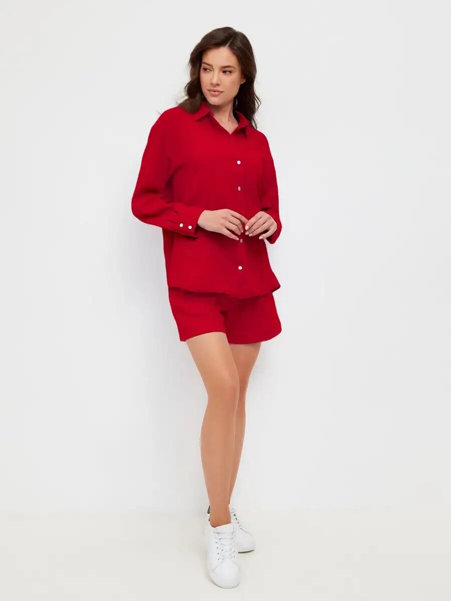 Пижама женская с шортами, ANNA COLLECTION, муслин, рубашка с шортами, костюм женский из 100% хлопка, травяной зеленый, M — фото 1