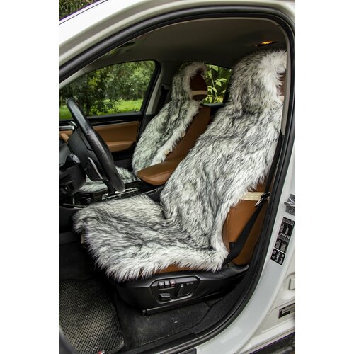Меховая накидка автомобильная на сиденье белая с черными кончиками эко-мех ( искусственный ) 1шт длинный ворс