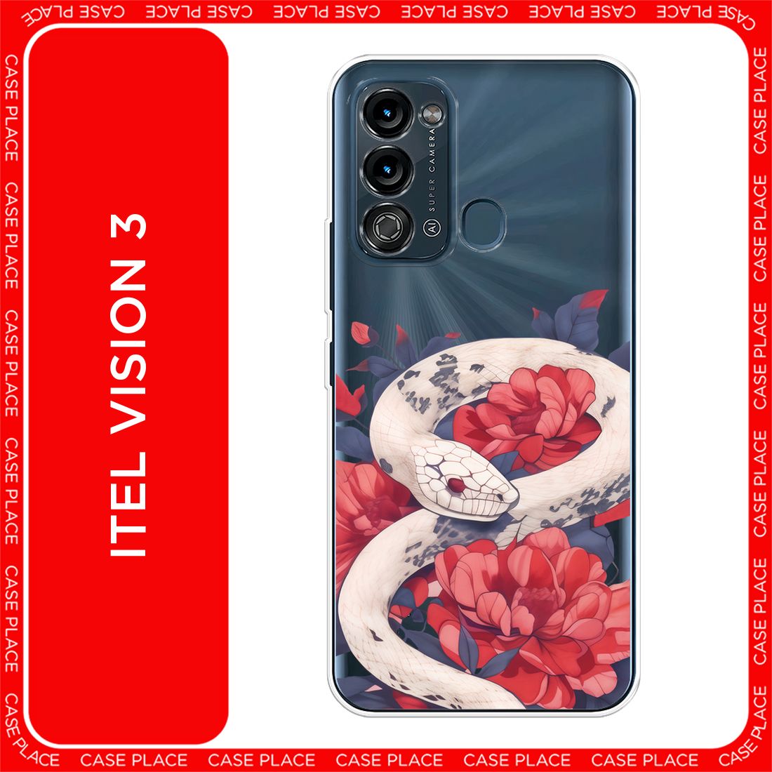 Чехол на Itel Vision 3 / Ител Визион 3 с принтом Белая змея в цветах, прозрачный