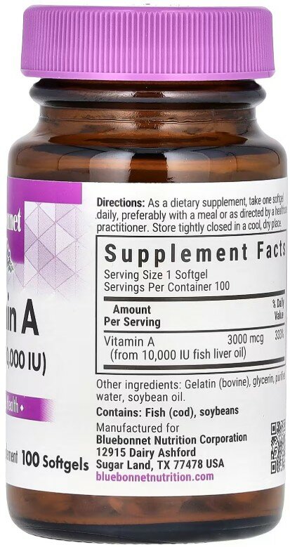 Изображение Bluebonnet Nutrition, витамин A, защита иммунитета и зрения, 3000 мкг (10 000 ME), 100 капсул