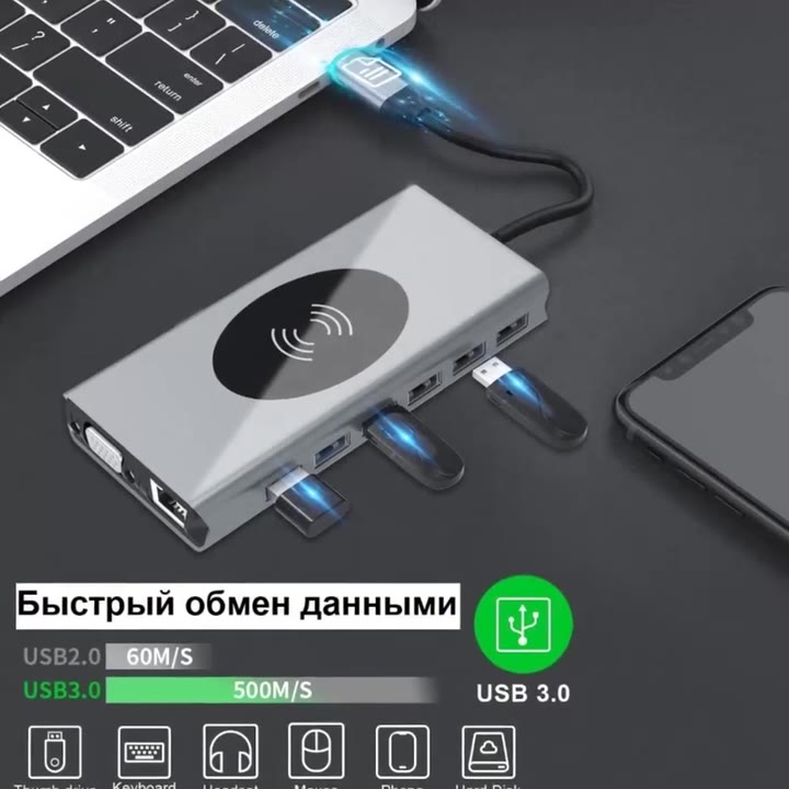 Док станция USB type C 15-в-1 для ноутбука (порт репликатор, концентратор) — фото 1