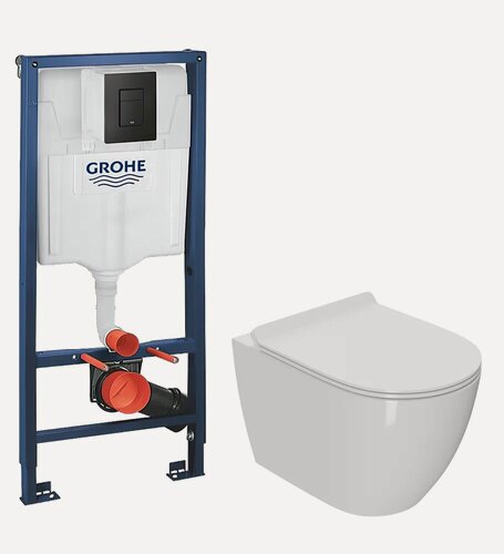 Изображение товара Комплект 2 в 1 Унитаз подвесной Bauedge Bau Ceramics / Инсталляция с кнопкой Grohe Solido 38811KF0 цвет черный