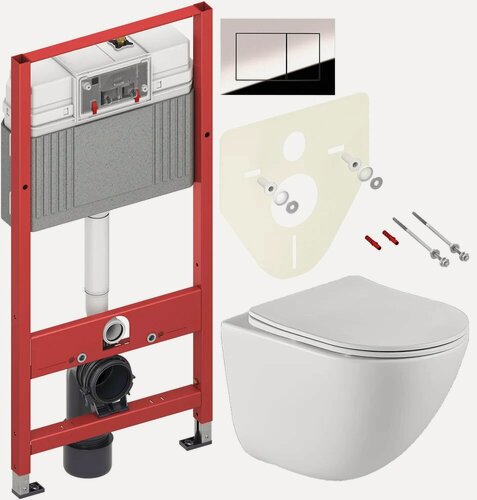 Изображение товара Комплект 3 в 1 Унитаз подвесной BelBagno Amanda BB051CHR, безободковый / Сиденье BB051SC, с микролифтом / Инсталляция с кнопкой TECE Now 9400412 цвет хром