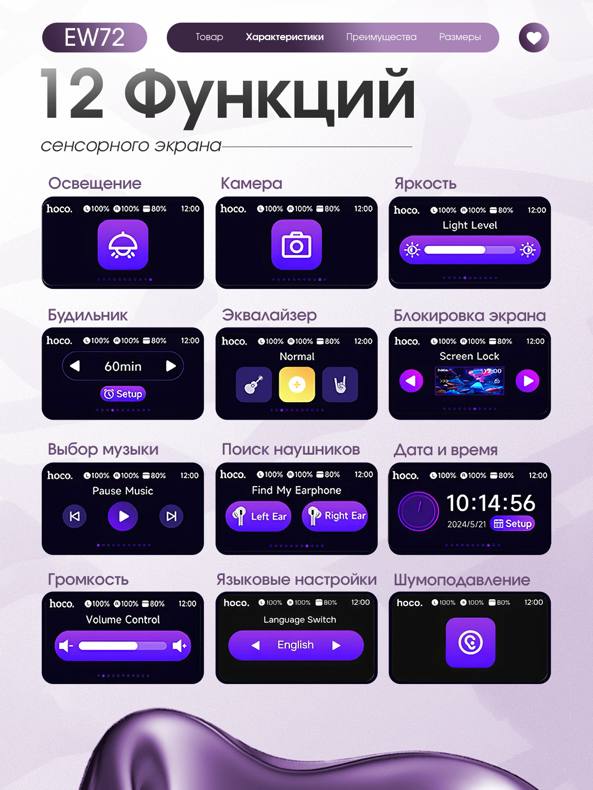 Наушники беспроводные, сенсорное управление, шумоподавление, влагозащита, Li-Ion аккумуляторы — фото 1