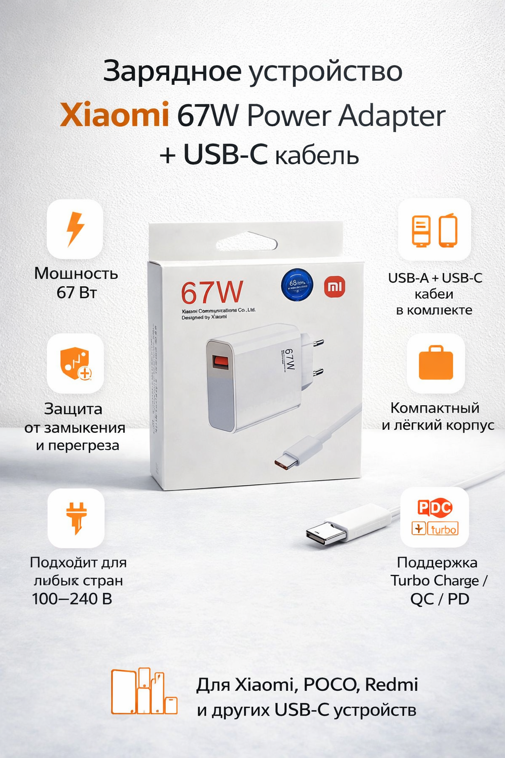 Зарядное устройство Xiaomi 90W HyperCharge Combo Type-С с кабелем