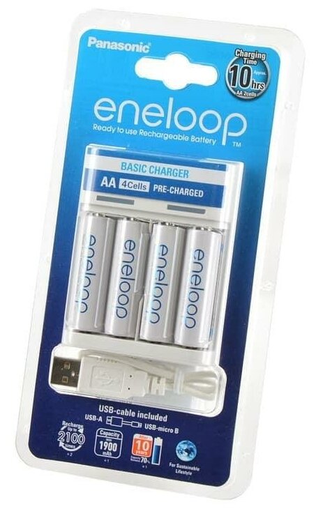 ЗУ для Ni-Mh/Ni-Cd аккумуляторов Panasonic Basic Charger USB + 4AAx1900mAh K-KJ61MCC40USB, 1шт.