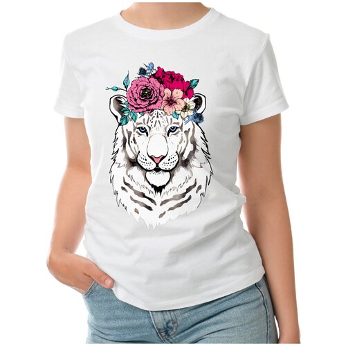 Женская футболка «Белая тигрица в цветочном венке» (M, белый)