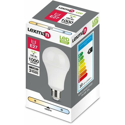 Светодиодная лампа Lexman, E27, 170-240 В, 10 Вт, груша матовая, 1000 лм, нейтральный белый свет