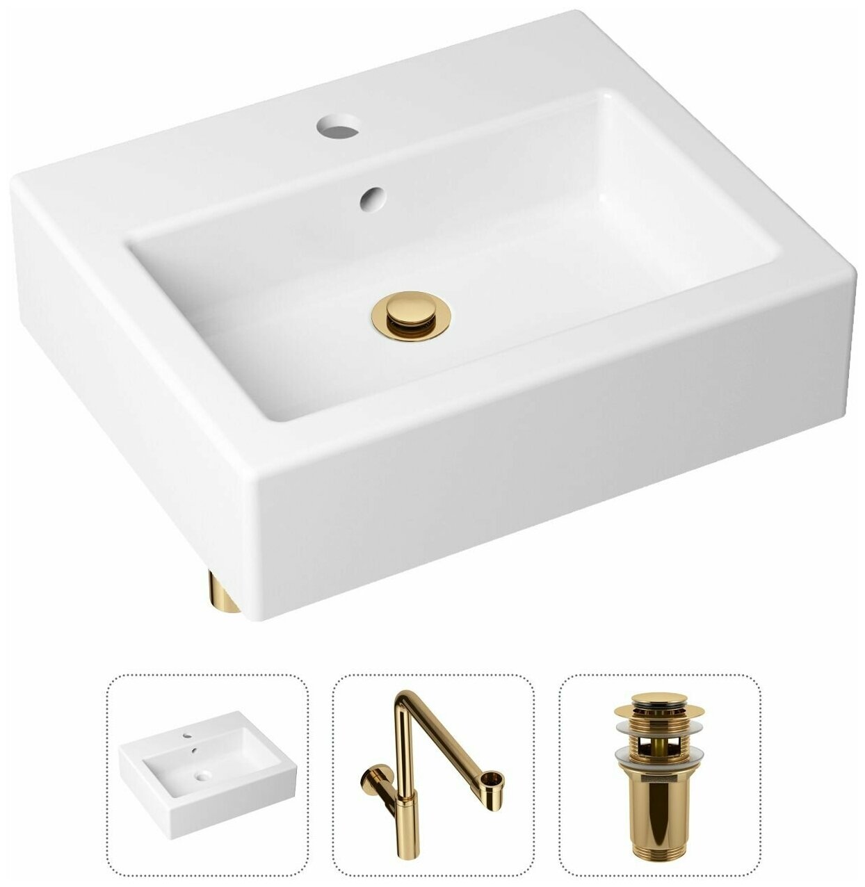 Накладная раковина в ванную Lavinia Boho Bathroom Sink 21520698 в комплекте 3 в 1: умывальник белый, донный клапан и сифон в цвете золото - фотография № 1