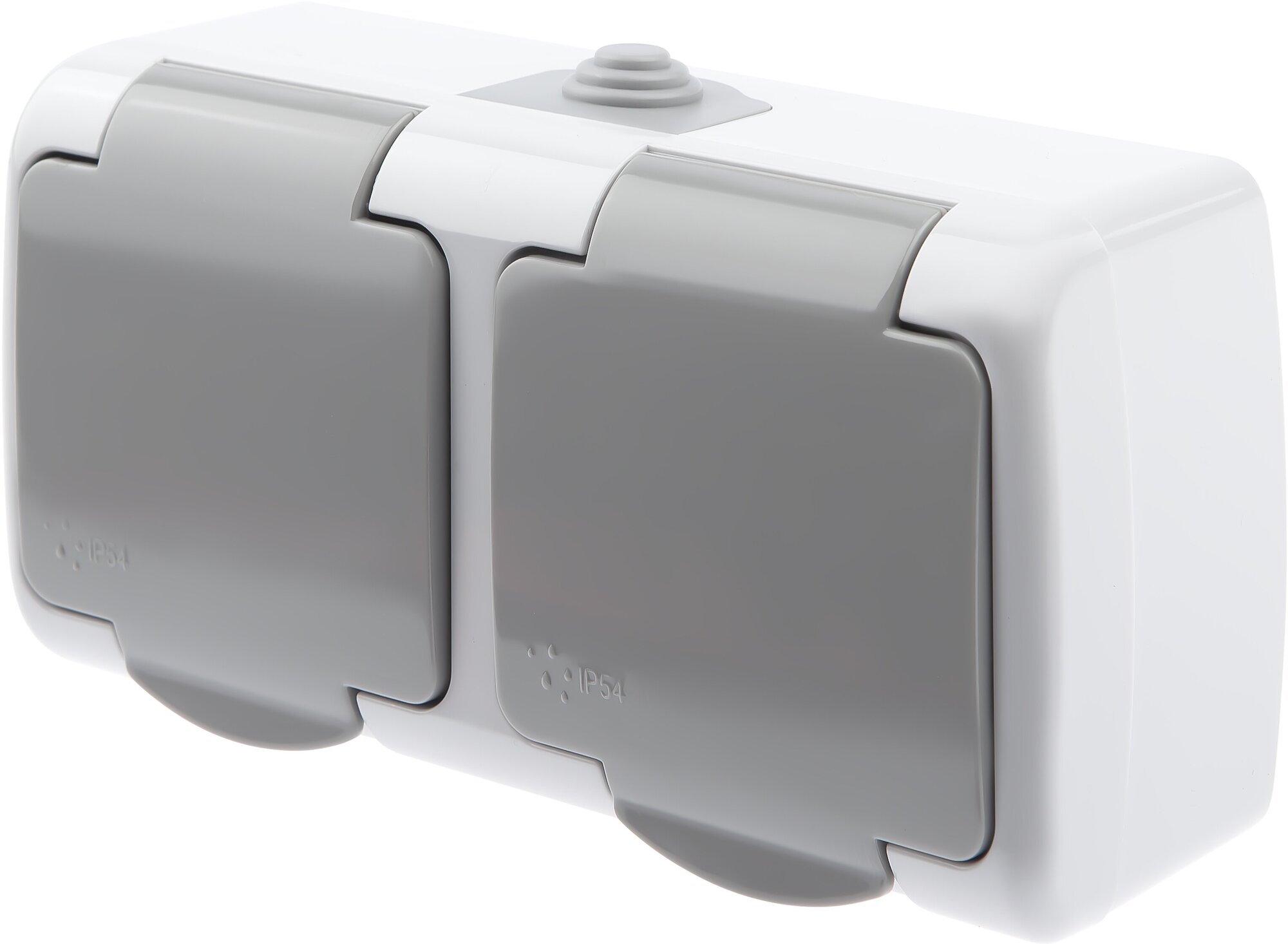 фото Розетка Intro Atlantic 5-203-03 двойная с заземлением 2х2P+E Schuko, 16А-250В, IP54, открытой установки, серый