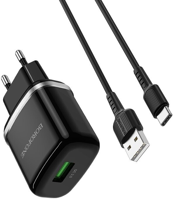 Сетевое зарядное устройство 1USB 3.0A QC3.0 быстрая зарядка с дата-кабелем Type-C Borofone BA36A Black