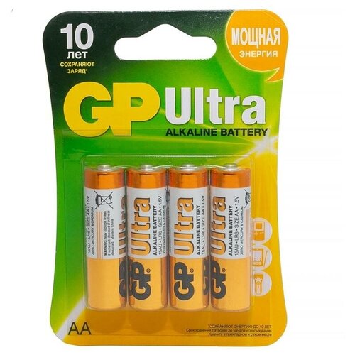 Батарейка GP Ultra AA (LR06) 15AU алкалиновая, BC4, набор 4шт., 267514 батарейка gp ultra plus aa lr06 15aup алкалиновая bc4