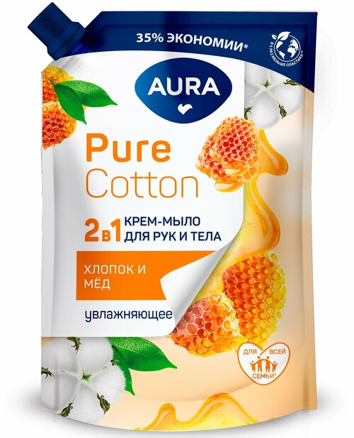 AURA Pure Cotton Крем-мыло 2в1 для рук и тела Хлопок и мёд дой-пак 450мл КК/12