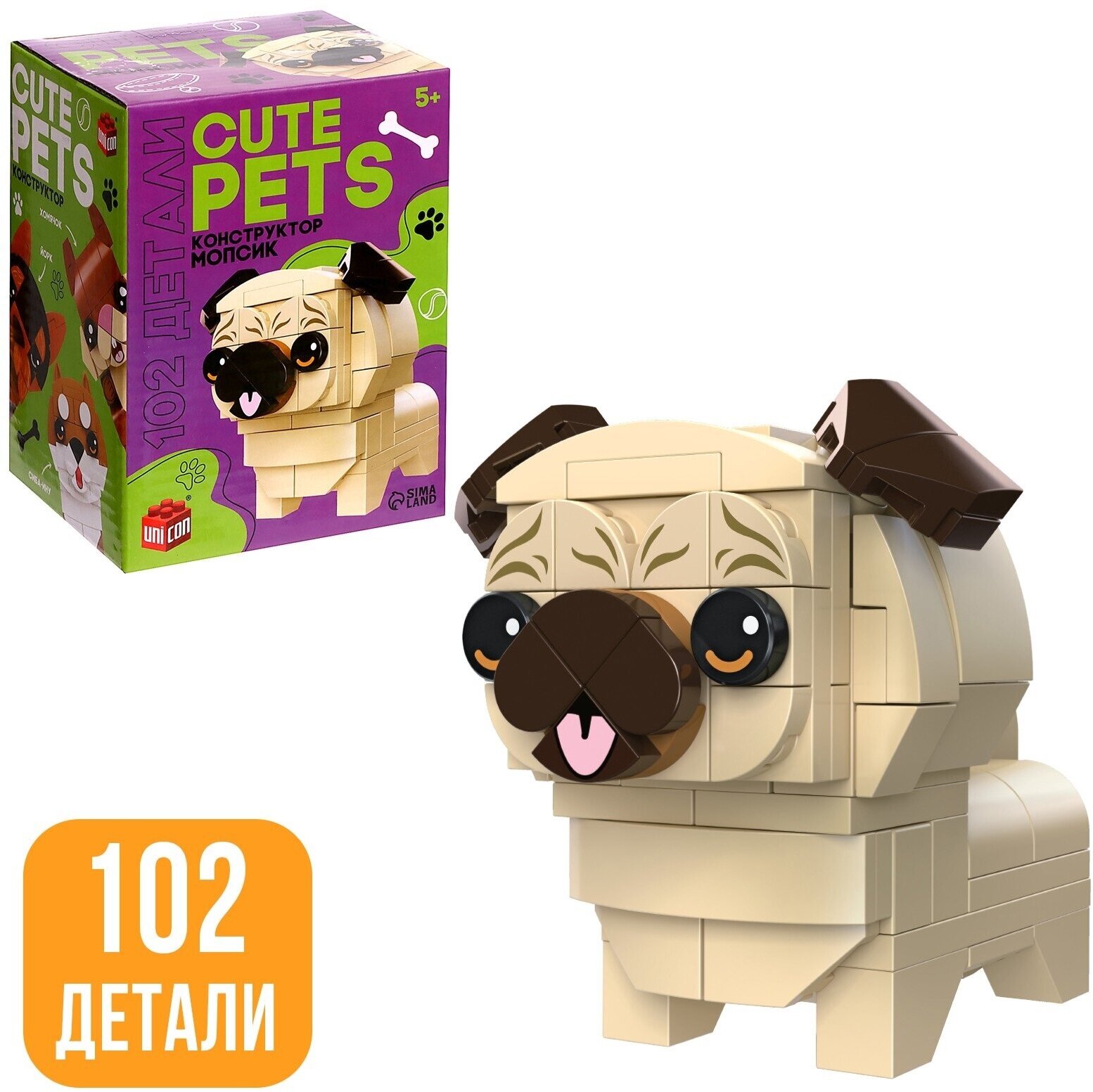 Детский блочный конструктор UNICON "Cute pets", Мопсик, 102 детали