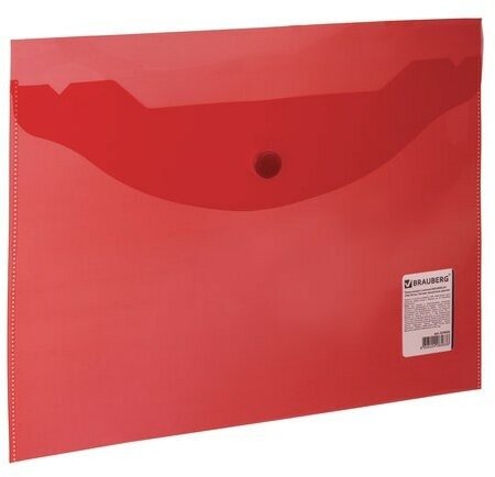 Папка-конверт с кнопкой малого формата (240х190 мм), А5, прозрачная, красная, 0,18 мм, BRAUBERG, 224026