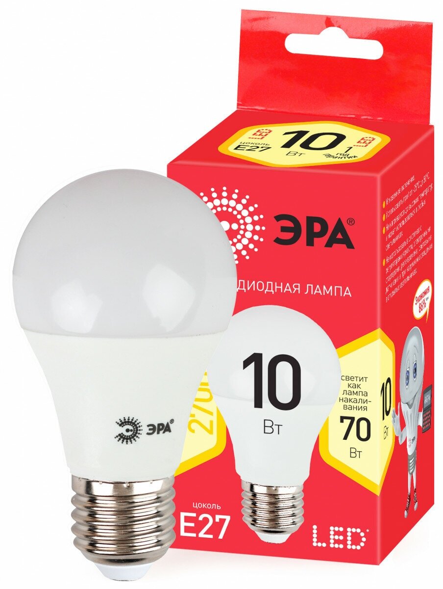 ЭРА Лампа светодиодная E27 10Вт ЭРА ECO LED A60-10W-827-E27