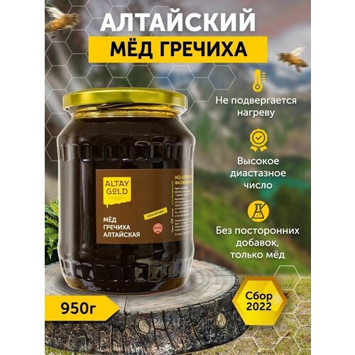 Мед натуральный, Мед Гречишный веганский и вегетарианский продукт, правильное питание Алтайский мед 2022 г., подарочная банка 950 г.