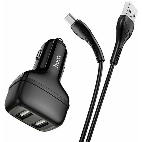 Автомобильное зарядное устройство HOCO Z36 Leader, 2xUSB с Кабелем USB - Type-C, 2.4A, черный автомобильное зу 2xusb с кабелем usb type c hoco z36 leader черное