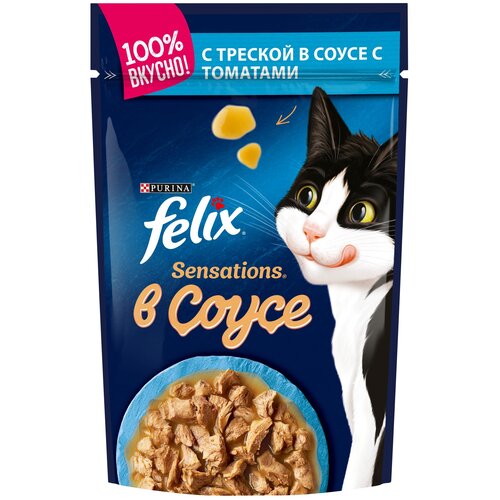 Felix Влажный корм для кошек Felix Sensations, в удивительном соусе, треска с томатами, пауч, 85 гр, 28 шт.