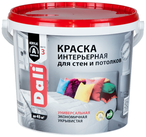 <b>Краска</b> акриловая DALI интерьерная <b>для</b> <b>стен</b> и потолков влагостойкая <b>моющаяся</b> глубокоматовая <span>преимущества: - образует влагостойкое глубокоматовое шелковистое покрытие - <b>моющаяся</b>, выдерживает многократное количество циклов истираний (2-й класс по din en13300) с применением бытовой химии без образования залоснившихся участков и потери толщины покрытия - обладает пониженным грязеудержанием: не впитывает загрязнения, легко отмывается от любых бытовых пятен - тиксотропная: легко наносится</span>