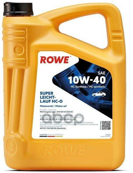 ROWE Масло Моторное Hightec Super Leichtlauf 10W-40 (4Л) Acea A3/B4, Api Sn, Mb 226.5, Psa B71 2300, Renault Rn 0700/0710Api Cf, F.