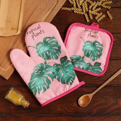 Кухонный набор 2 предмета Tropical цвет розовый прихватка 17х17 см варежка 25х16 см100 пэ 780₽