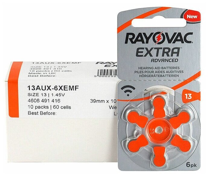 Батарейки Rayovac Extra 13 (PR48) для слуховых аппаратов, упаковка 60 батареек.