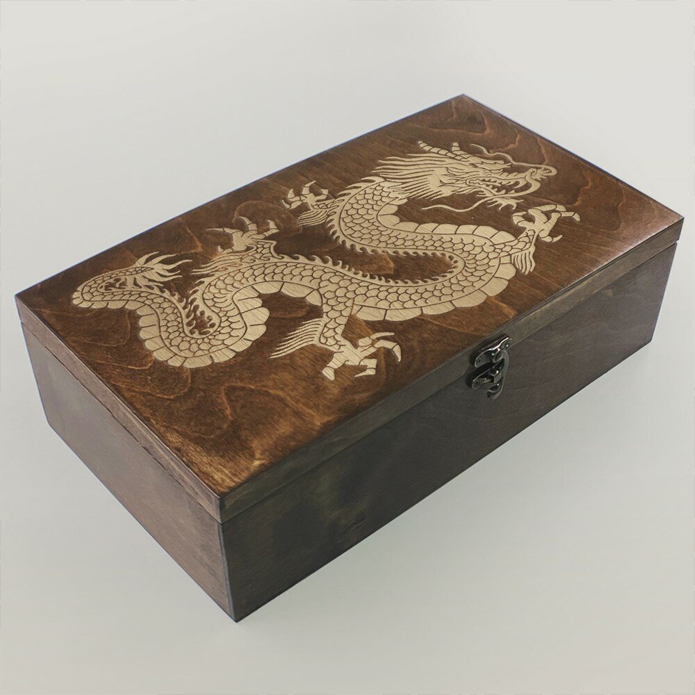 Коробка для чайных пакетиков из дерева, чайница большая, 4 отделения с узором азия драконы - 1028