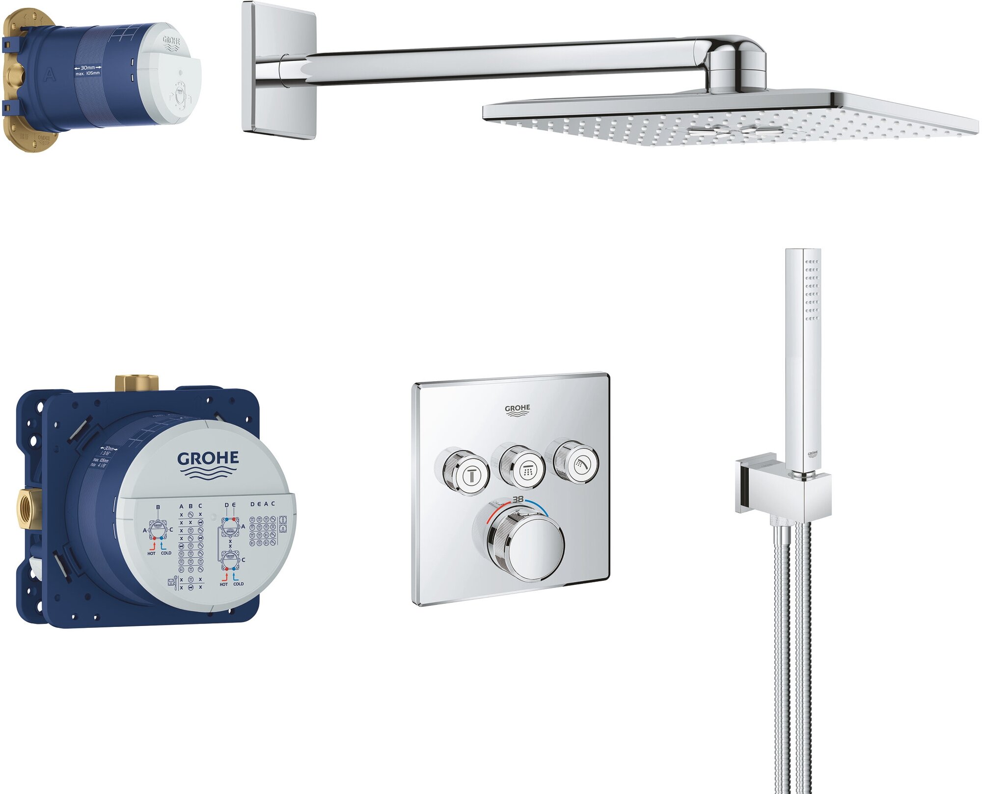 Набор для душа GROHE Profi Grohtherm SmartControl: встраиваемый термостат, верхний душ, ручной душ, хром, 34804000