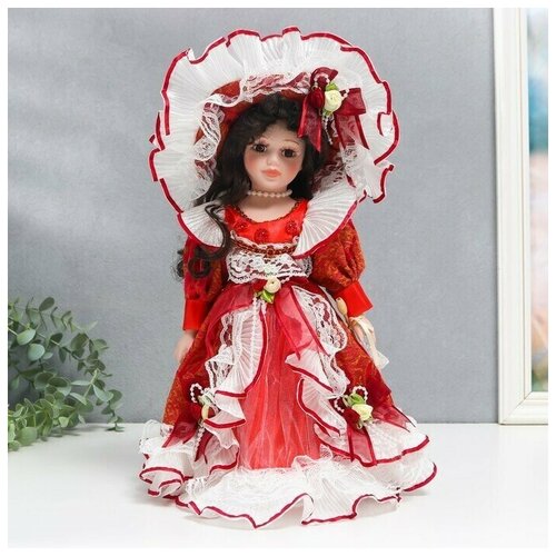 Кукла, коллекционная керамика, Кармен, в красном платье с зонтиком, 30 см, 1 шт.
