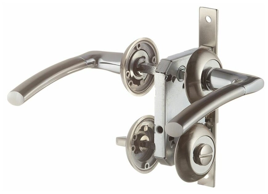 Комплект фурнитуры для двери с замком петлями и фиксатором (матовый никель) (670017)