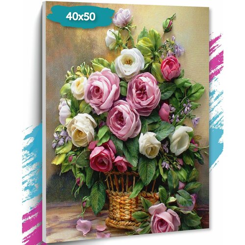 фото Картина по номерам "цветы в корзине", холст на подрамнике, 40х50 см, набор для творчества, рисование, 40х50 см, живопись "тт", с цветами