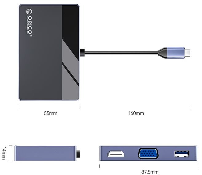 Концентратор Orico 7 в 1, на 1xPD, 1xHDMI, 1xVGA, 1xUSB-A3.0, 2xUSB-A2.0, 1x3.5 мм аудиопорт, черный/серый - фото №3
