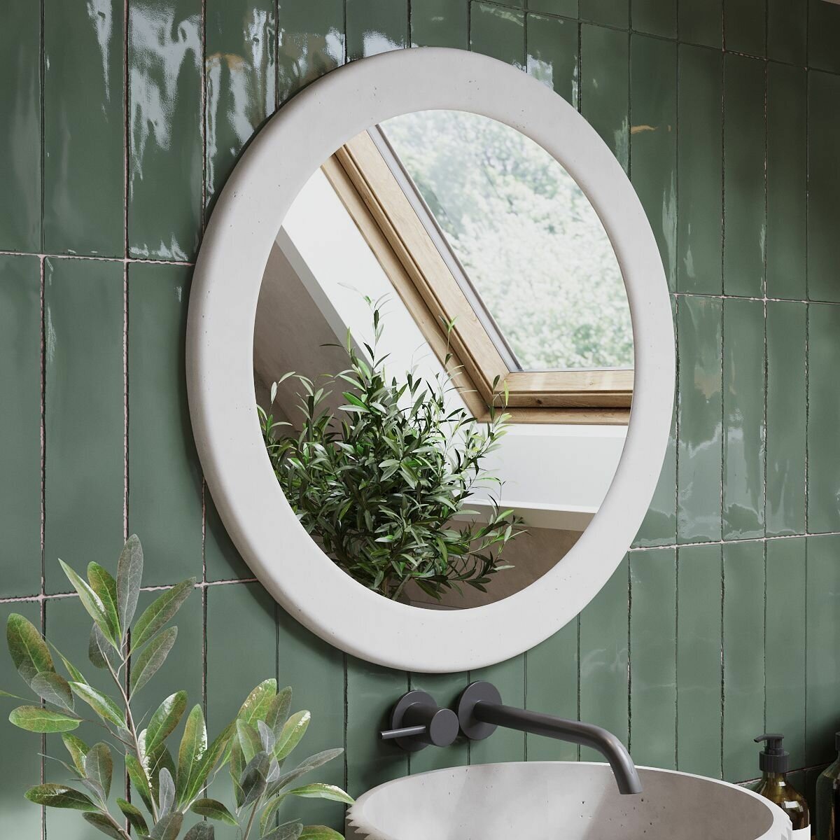 Зеркало для ванной Luna, настенное круглое зеркало в раме 60х60 см, бетон, белое матовое - фотография № 1