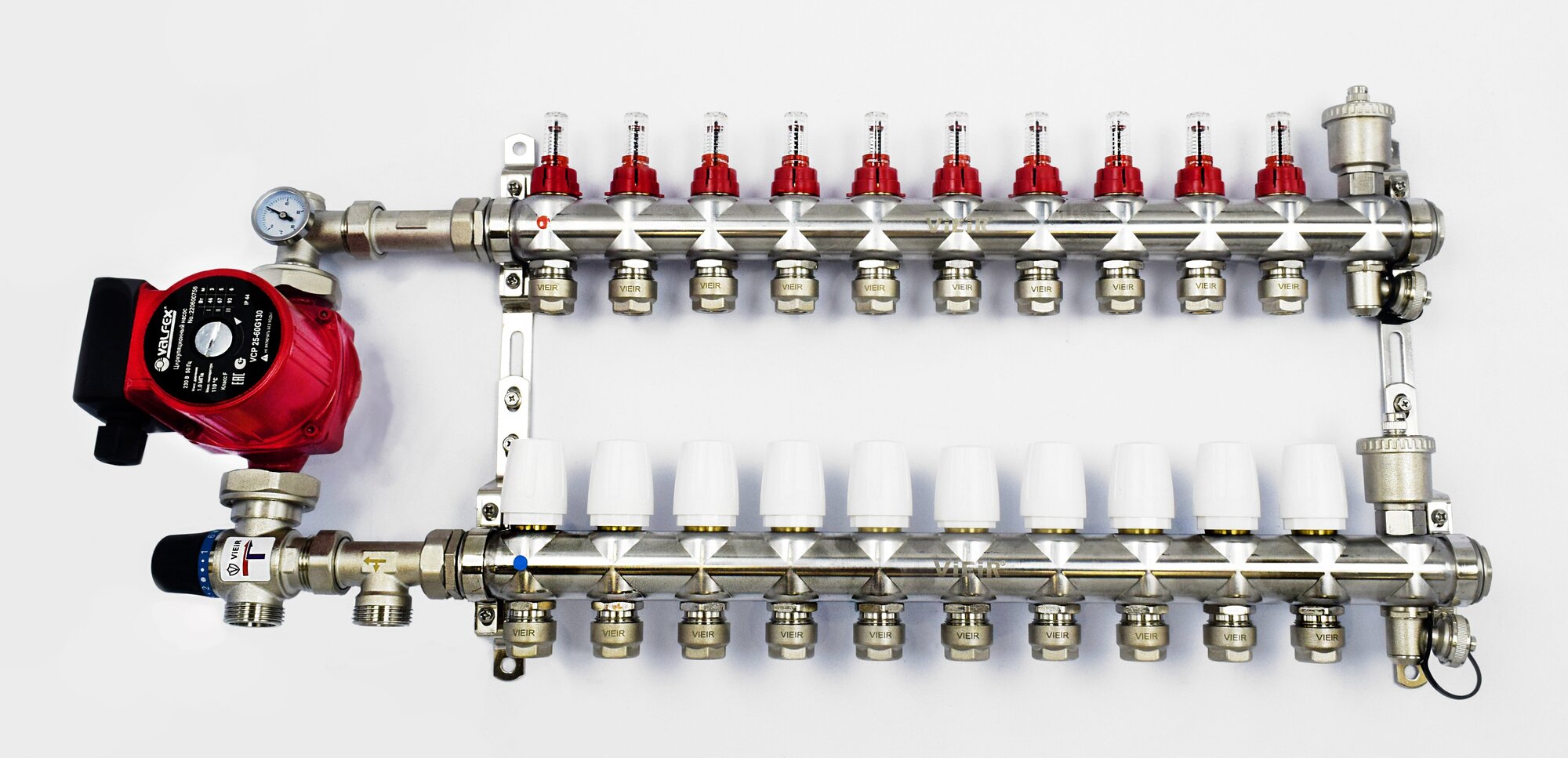 Комплект для тёплого пола на 10 контуров с насосом (Коллектор VR116-10AKN на 10 контуров, Насос циркуляционный , Евроконусы, Насосно-Смесительный узел VR204A)