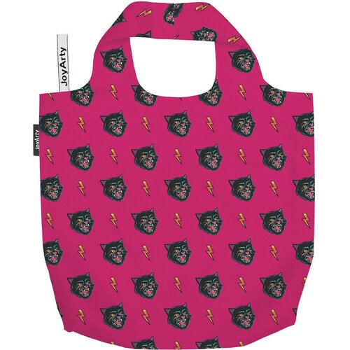 фото Сумка авоська joyarty "кот и молния на розовом фоне" 46x65x7 см