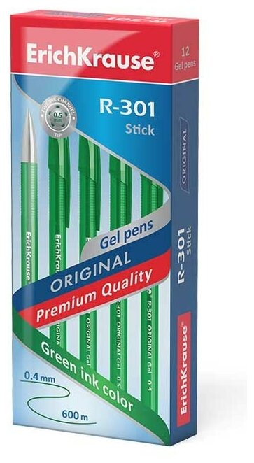 Ручка гелевая ErichKrause R-301 Original Gel Stick 0.5, цвет чернил зеленый (в коробке по 12 шт.)