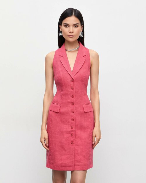 Платье-пиджак I AM Studio, лен, в классическом стиле, прямой силуэт, мини, карманы, размер M, розовый
