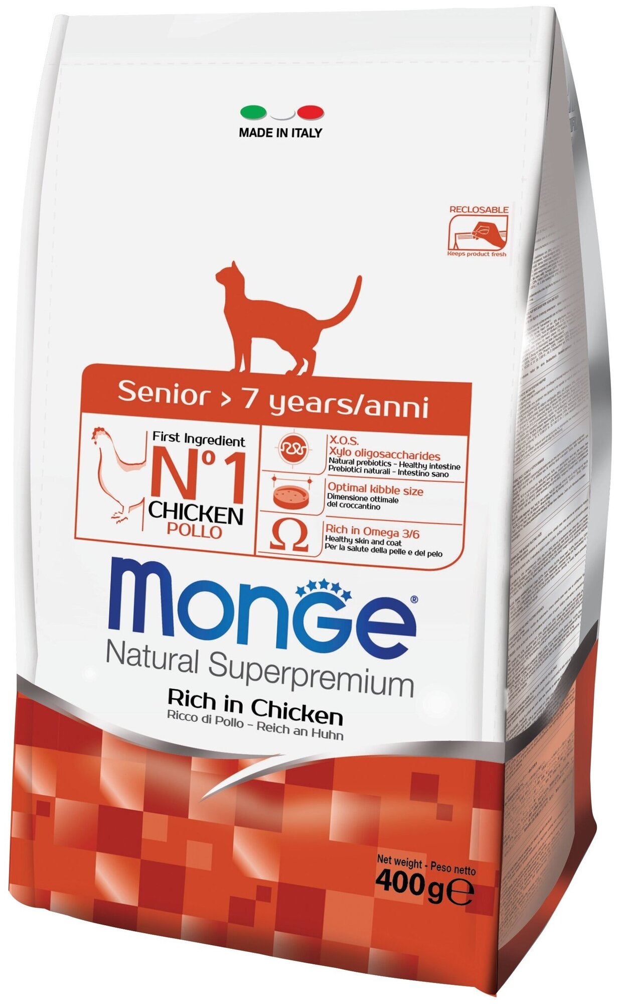 Сухой корм для пожилых кошек Monge Superpremium Cat, для здоровья кожи и блеска шерсти, профилактика зубного камня, с курицей 2 шт. х 400 г