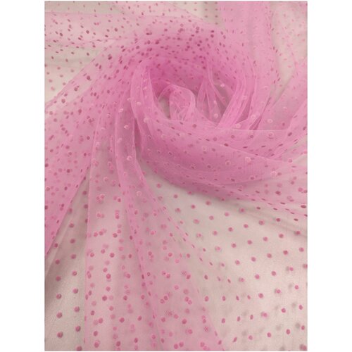 FS Ткань Фатин флок в горошек цвет розовый длина 1 м. ширина 150 см