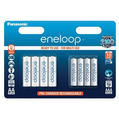 фото Аккумулятор aa+aaa - panasonic eneloop aa 1900 mah (4 штуки) + aaa 750 mah ni-mh (4 штуки) bk-kjmcce44e