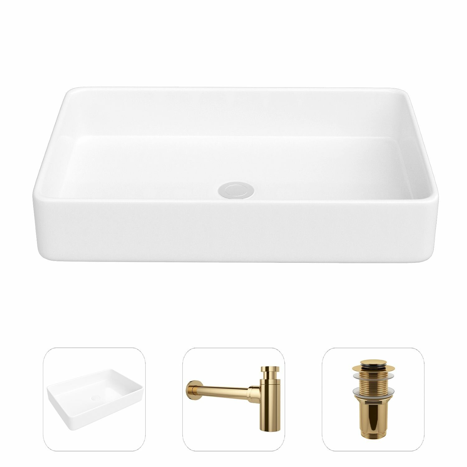 фото Накладная раковина для ванной Helmken 84261000 комплект 2 в 1: умывальник прямоугольный 61,5 см, донный клапан click-clack в цвете золото, гарантия 25 лет