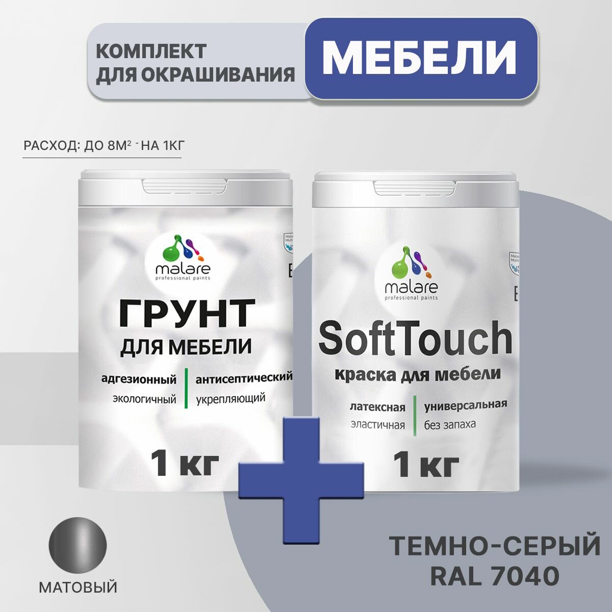 Комплект Malare для окрашивания мебели, кухонных фасадов (1кг грунт + 1кг краска), без запаха, цвет темно-серый