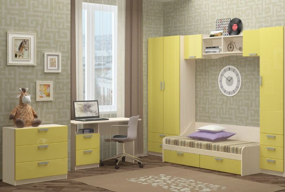 Комплект мебели для детской Юниор-7 (композиция 3) Лимон Матовый/Ясень Светлый