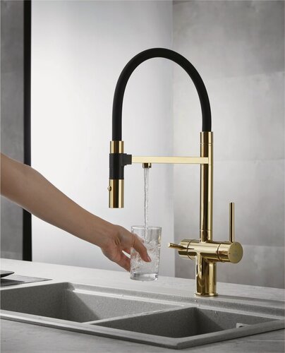 Изображение товара Смеситель для кухни с гибким изливом и подключением к фильтру Rose R958 E цвет золотой