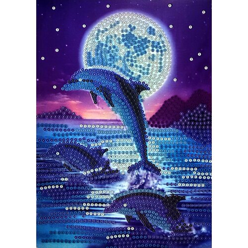 Алмазная мозаика 15*26см море, дельфины, детская без подрамника, частичная выкладка на картоне.
