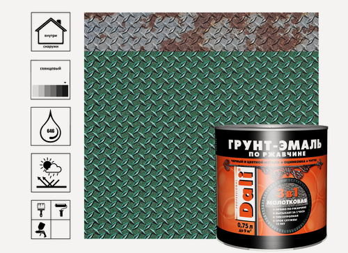 Изображение товара Грунт-эмаль Dali молотковая по ржавчине, зелёный, 0,75 л